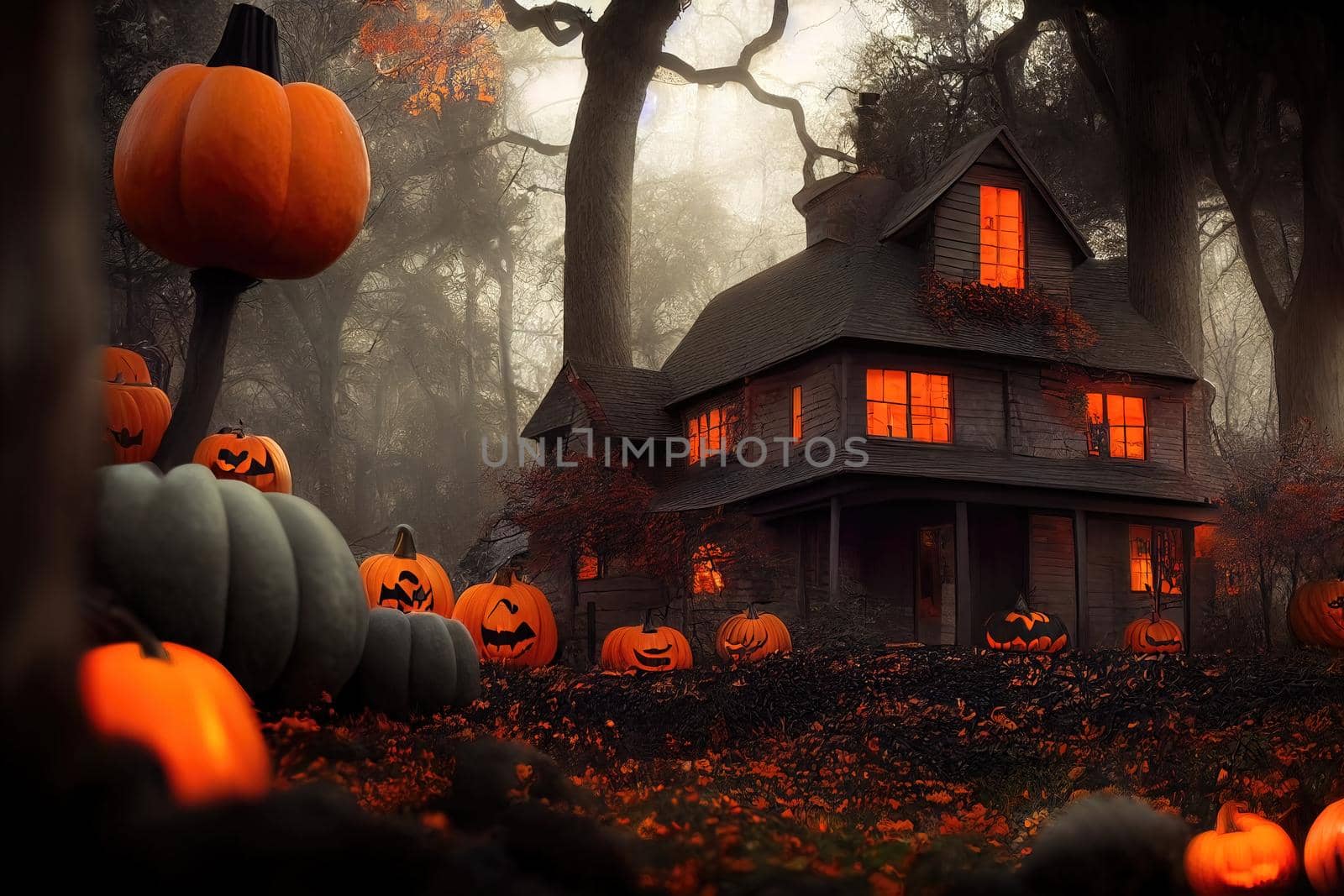 Black and orange house with Halloween theme, 3d illustration