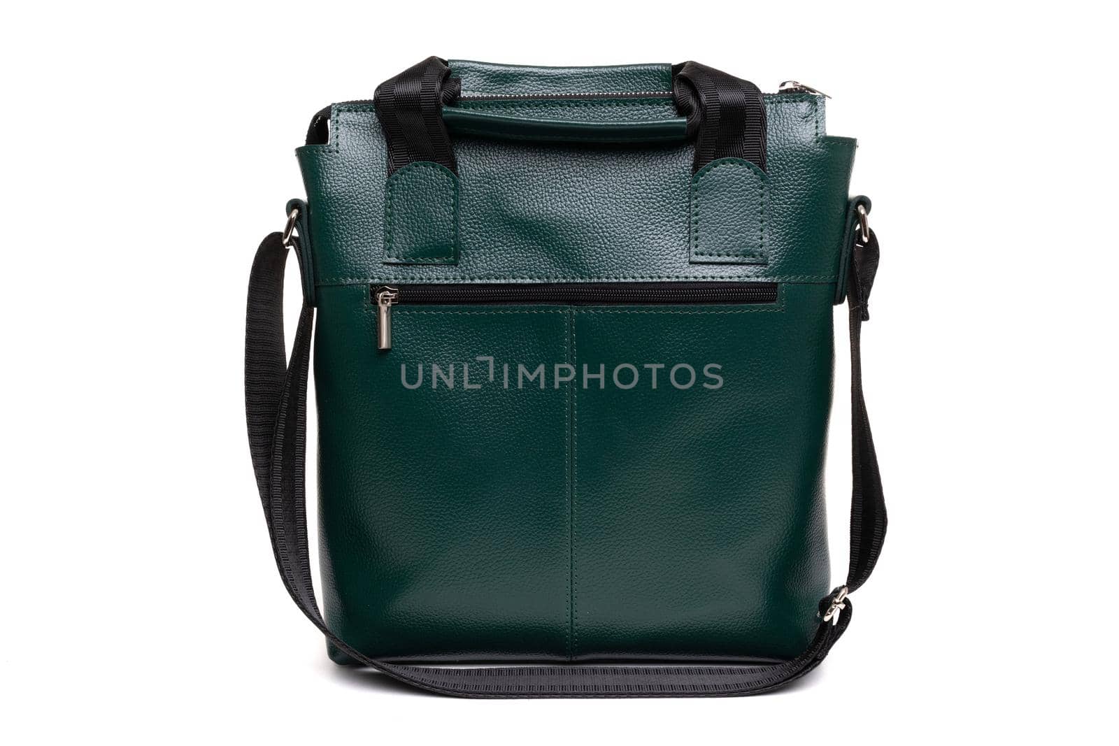 rectangular men's leather bag of dark green color on a white background.