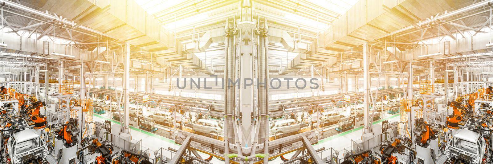 Light and bright Mirror Panoramic Photo. Automobile production line. Welding car body. Modern car assembly plant.