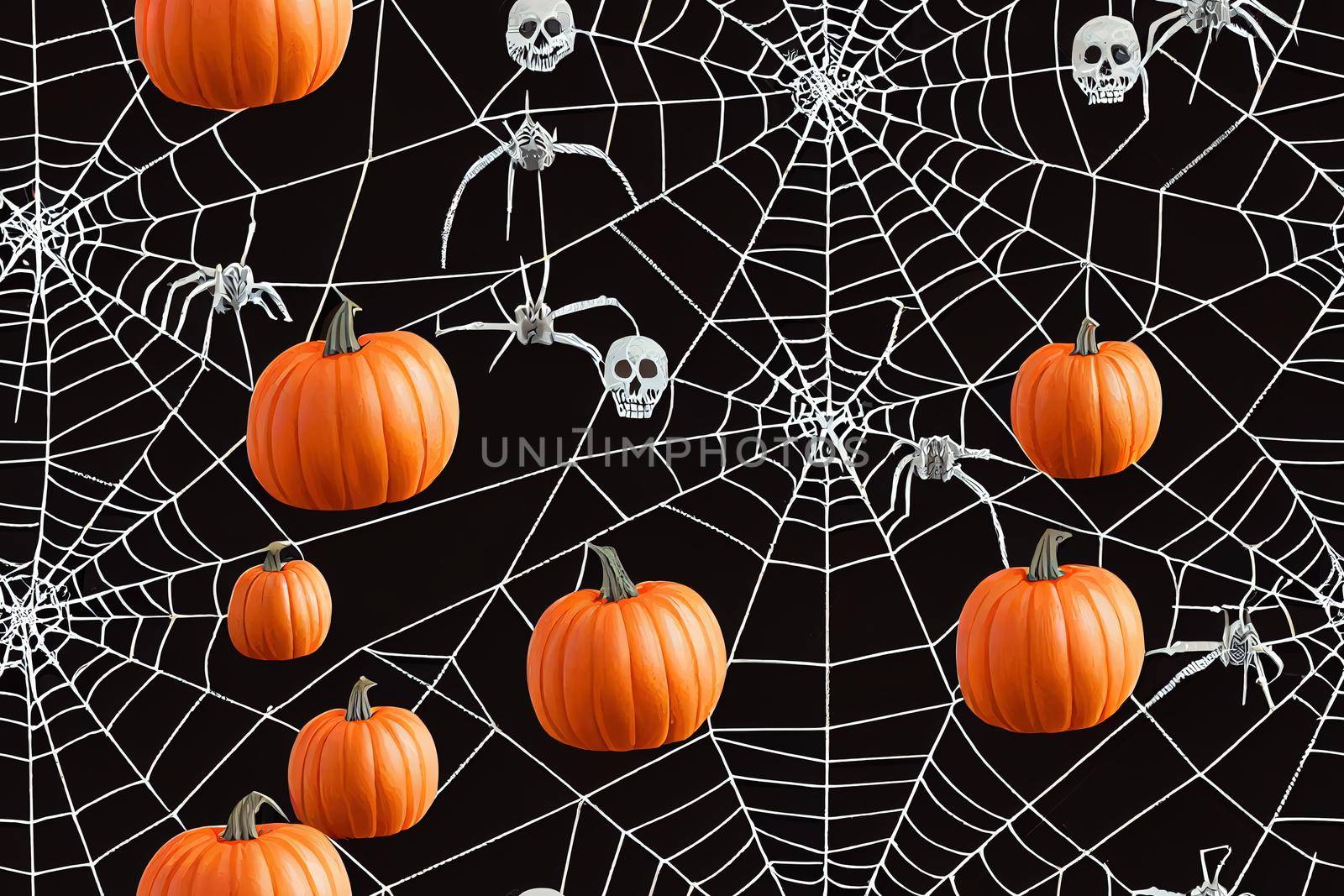 Set of witch hats, pentagram, spider, web, bat, skull and inscription halloween. Halloween concept. Halloween seamless background with witch hats, spider, spiderweb, bat, skull and pentagrams.