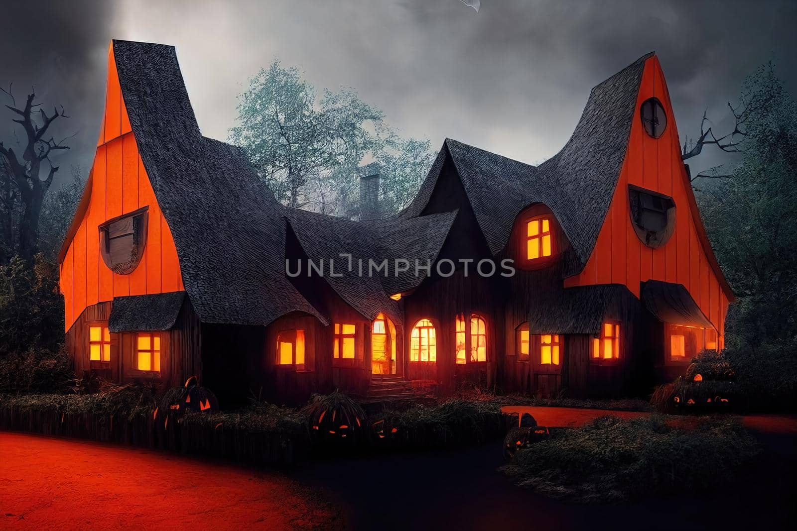 Black and orange house with Halloween theme, 3d illustration