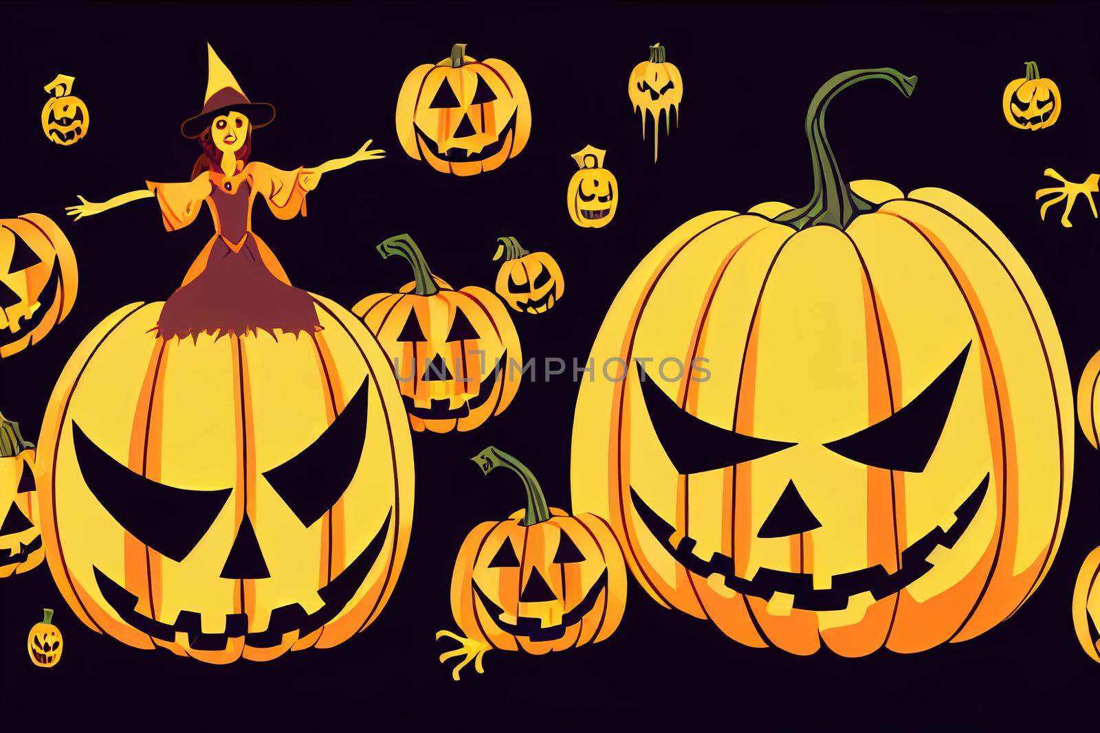 Cartoon set of halloween elements a witch on a broomstick, bones, a pumpkin, a vampire, a ghost, a cauldron with a potion, a zombie. Halloween Raster illustration.