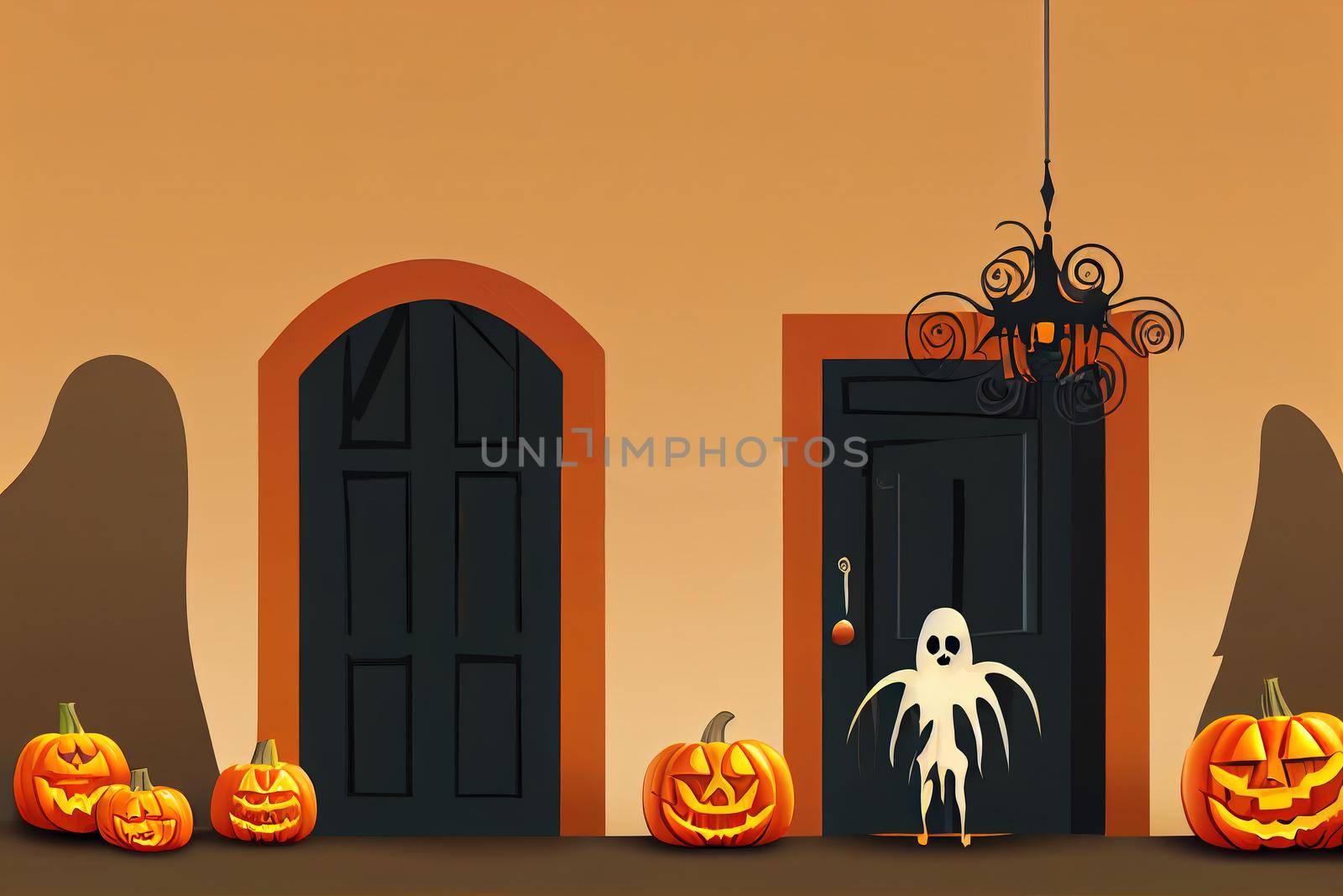 Halloween design. Entrance door decorated for Halloween. Carved pumpkin, by 2ragon