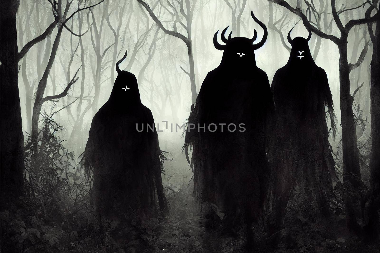 A black silhouette of a sinister trio of shamans by 2ragon