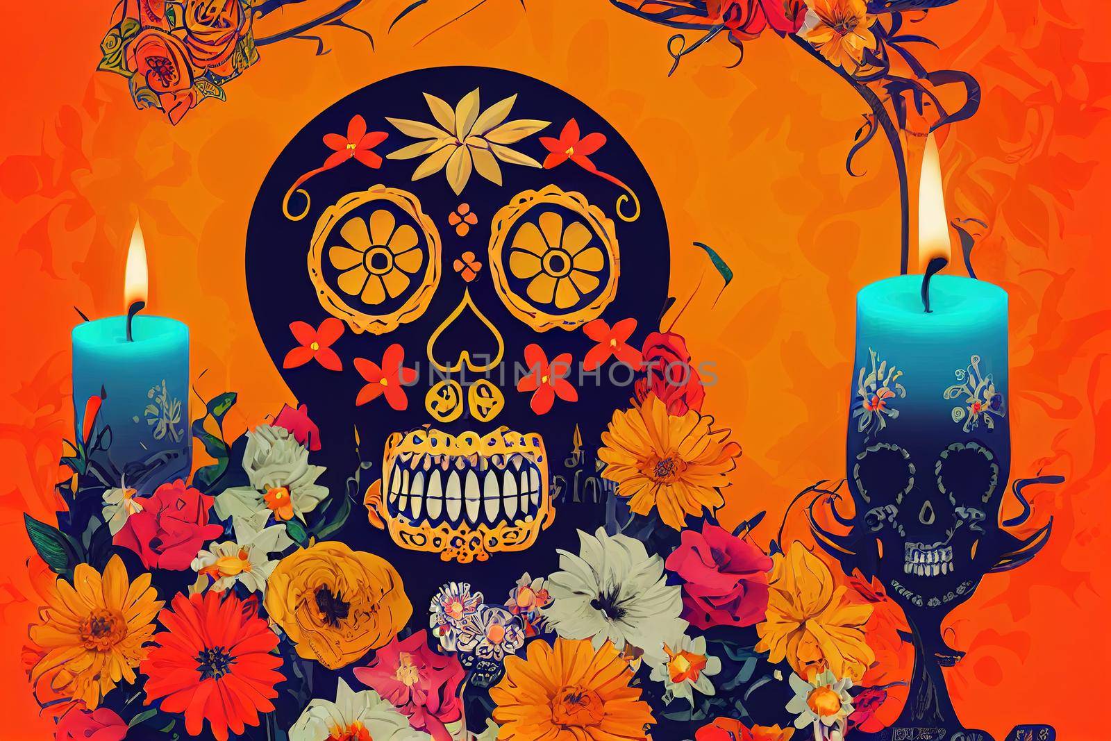 Day of the dead poster 3d illustration of Dia de los muertos card with a sugar skull burning candles flowers and flags on orange background, Anime Style