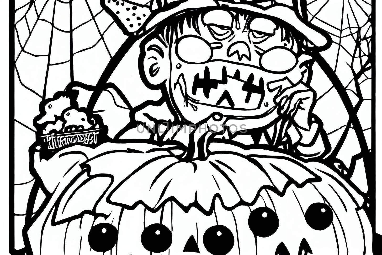 Trick or Treat coloring page. Halloween coloring page for kids. Cartoon children in Halloween costumes. Cute children, witch, dracula, pumpkin, bat, zombie, mummy, cat