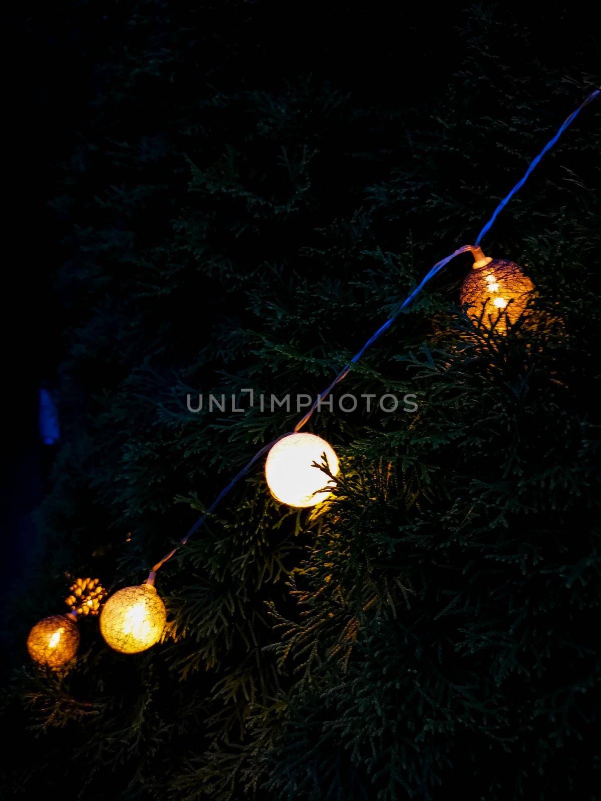 Small glowing light balls hanging on a tree