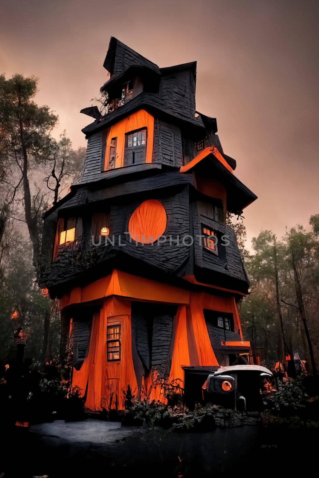 Black and orange house with Halloween theme, 3d illustration