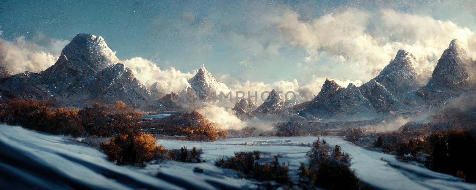 futuristic landscape of mountain valley with snow covered fields and clear blue sky.