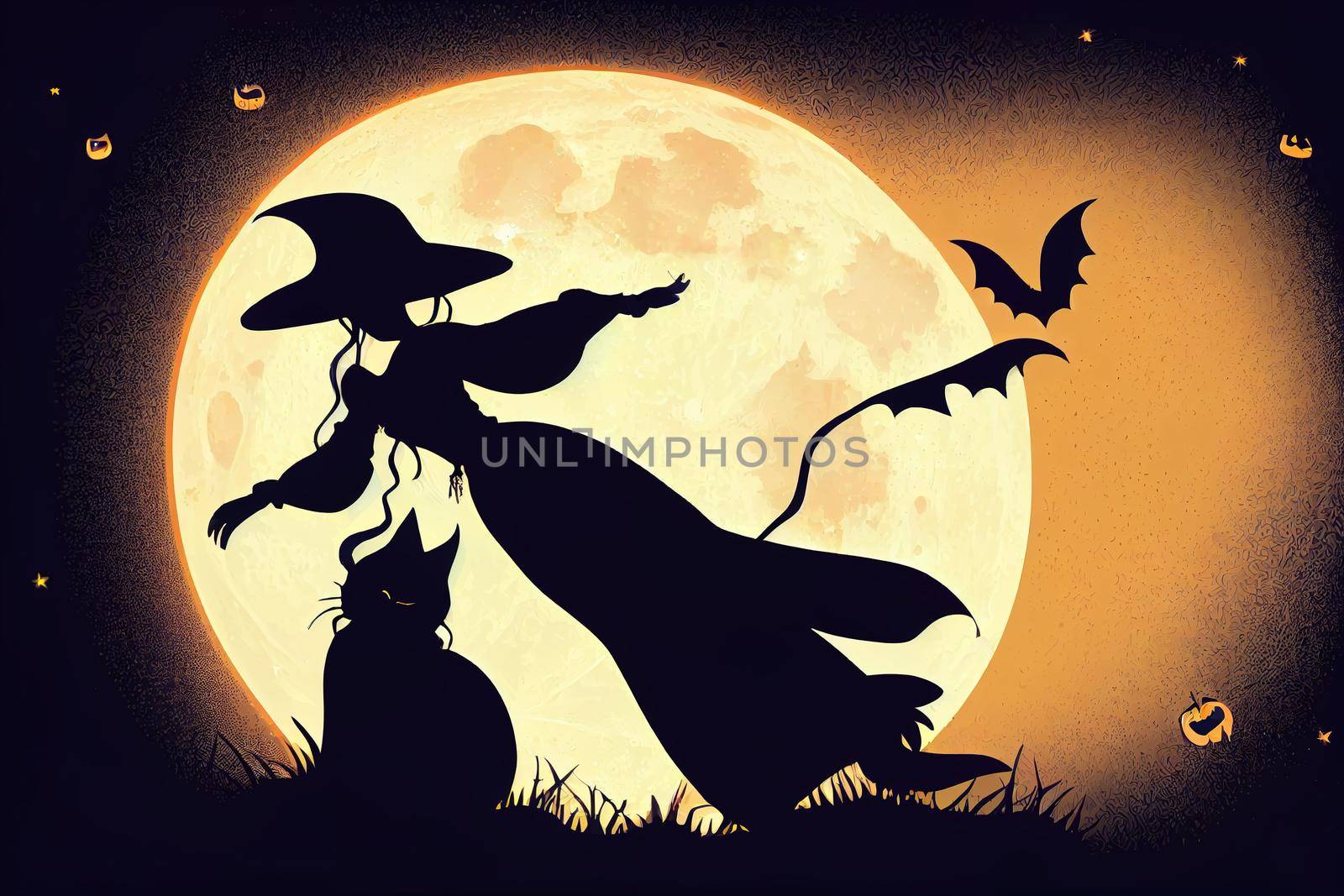 Silhouette of a beautiful witch flying on a broom against full moon light, wizard with cat, wizard with bats. Halloween background, fantasy and magic. Raster illustration