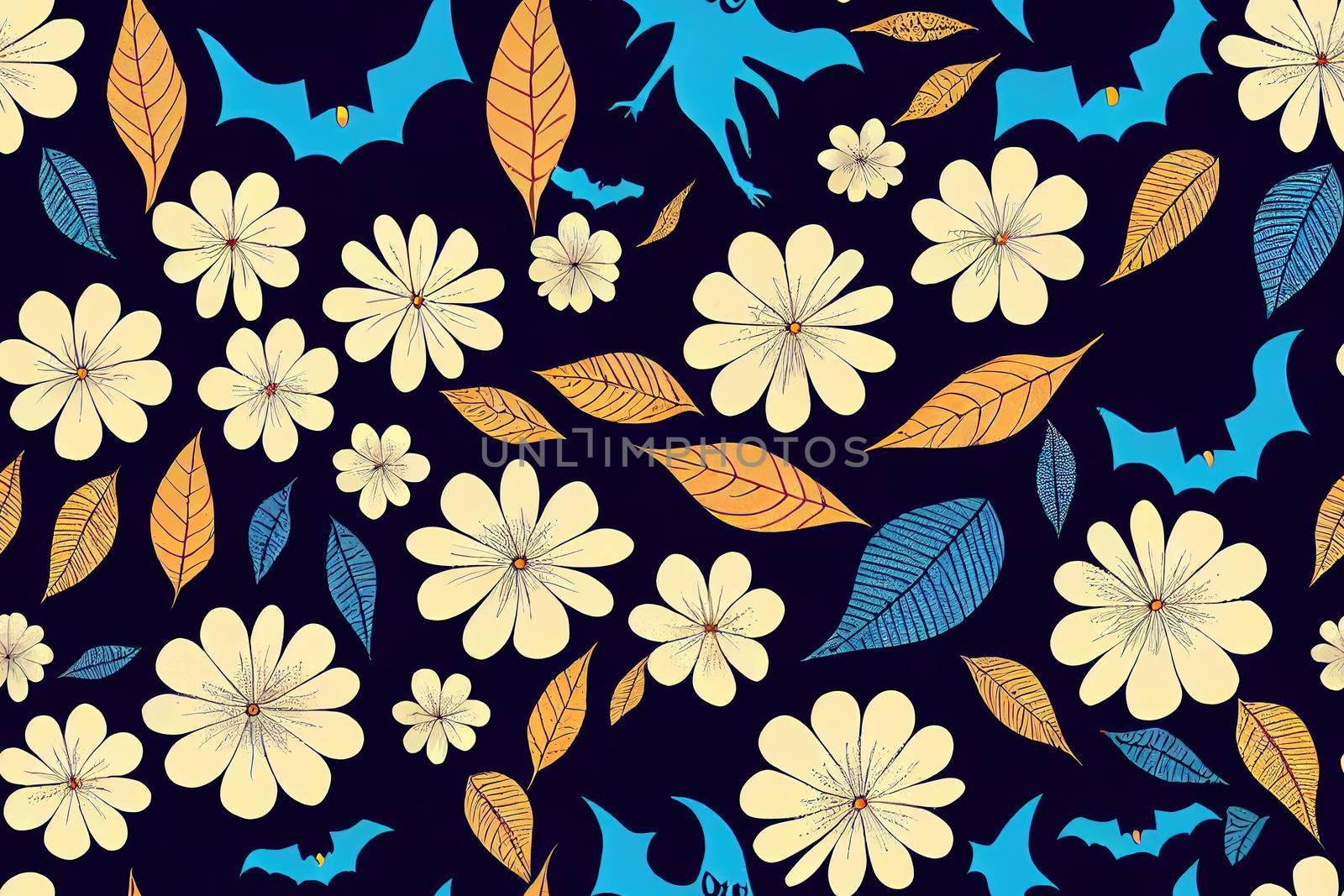 Boho retro Halloween Bat and flower seamless pattern, Autumn flower print, Halloween wrapping paper design,