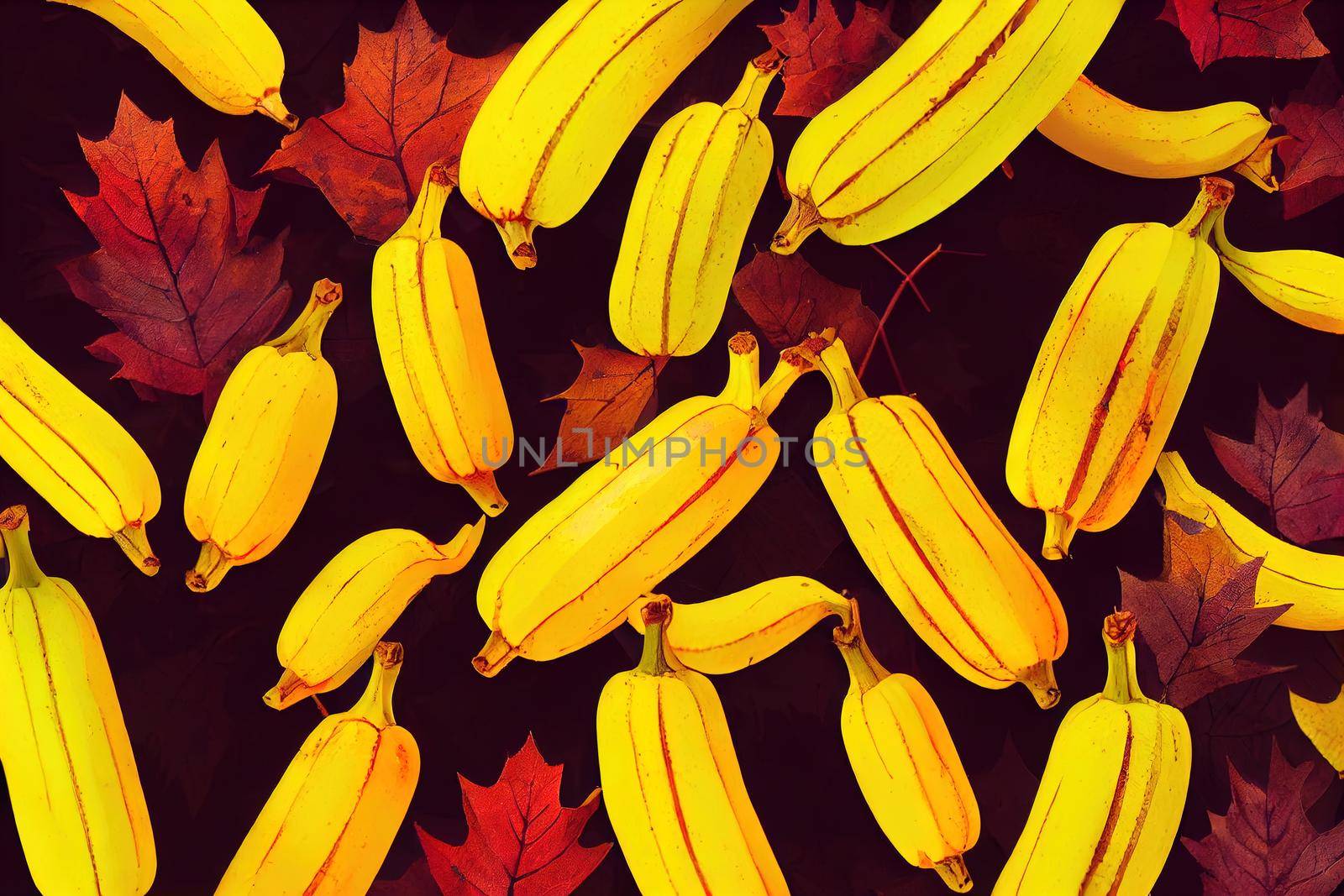 Ripe yellow bananas in a wooden box in autumn nature, among red leaves from trees, a contrasting composition of fruits, a comfortable season, natural food and an unusual combination , anime style