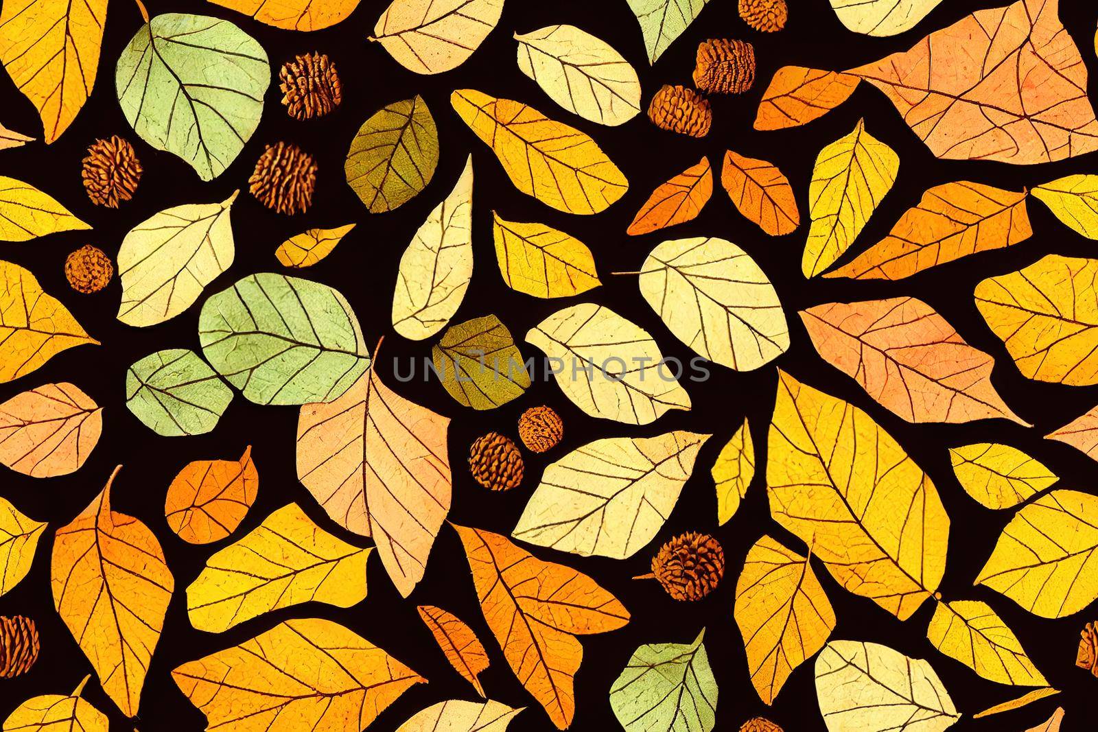 Autumn composition Pattern made of autumn leaves, acorn, pine cones Flat lay, top view , anime style