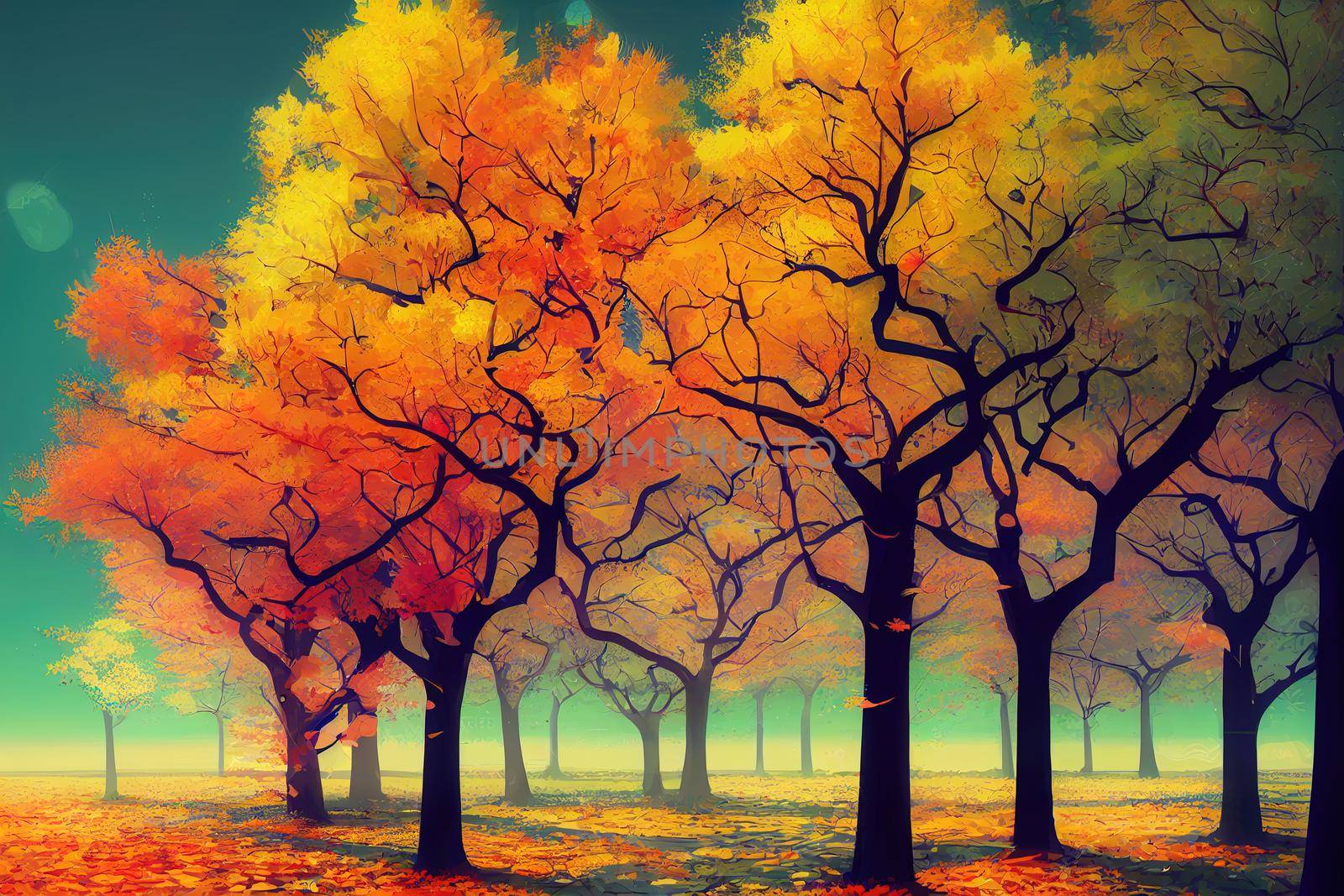 Set of abstract autumn trees Isolated design elements for creating any compositions , anime style