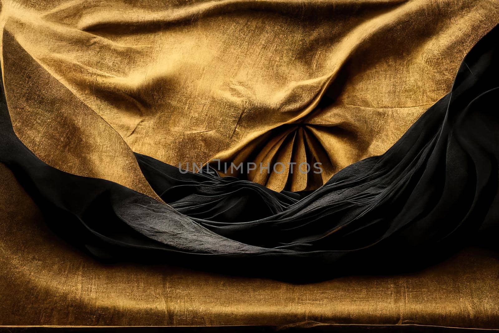 3d render, abstract fashion wallpaper. Modern minimal composition with gold black silk fabric by Farcas