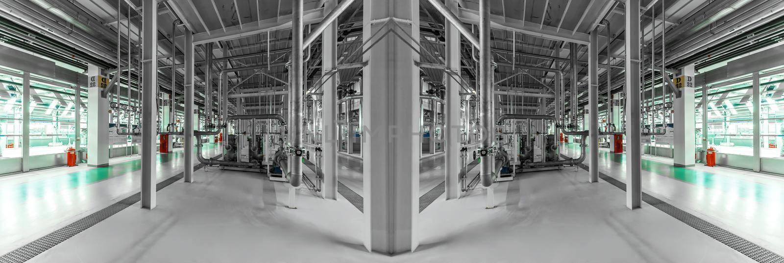 Panoramic mirror gray photo of pipes and tanks. Chemistry and medicine production. Pharmaceutical factory.