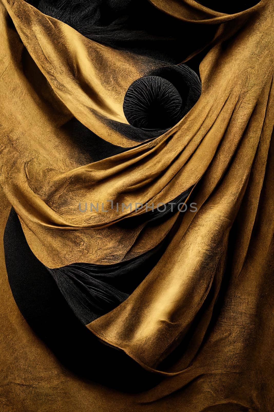 3d render, abstract fashion wallpaper. Modern minimal composition with gold black silk fabric, illustration