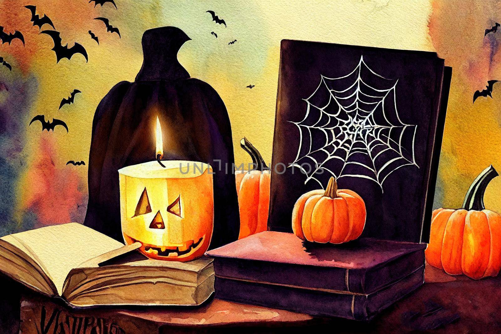Watercolor Halloween icons.Vintage Victorian Halloween decor, mystical witchy elements,open book, pumpkin, candle, poison bottle, armchair, fireplace, gothic style living room elements