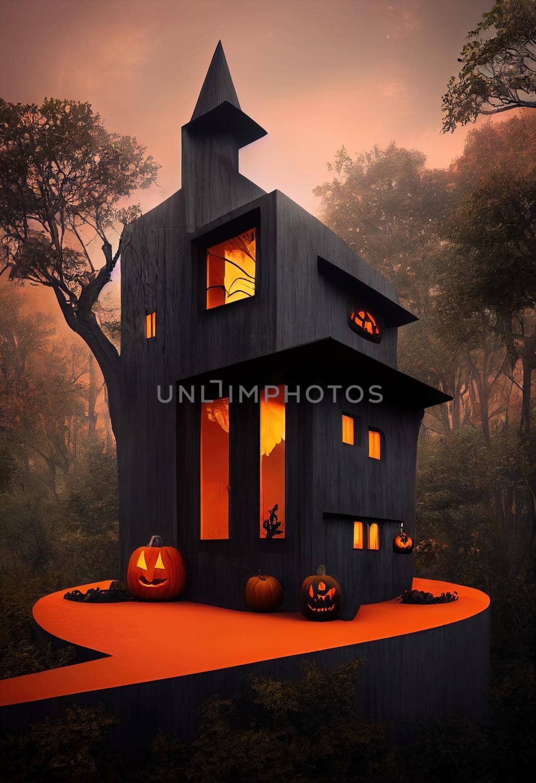 Black and orange house with Halloween theme, 3d illustration