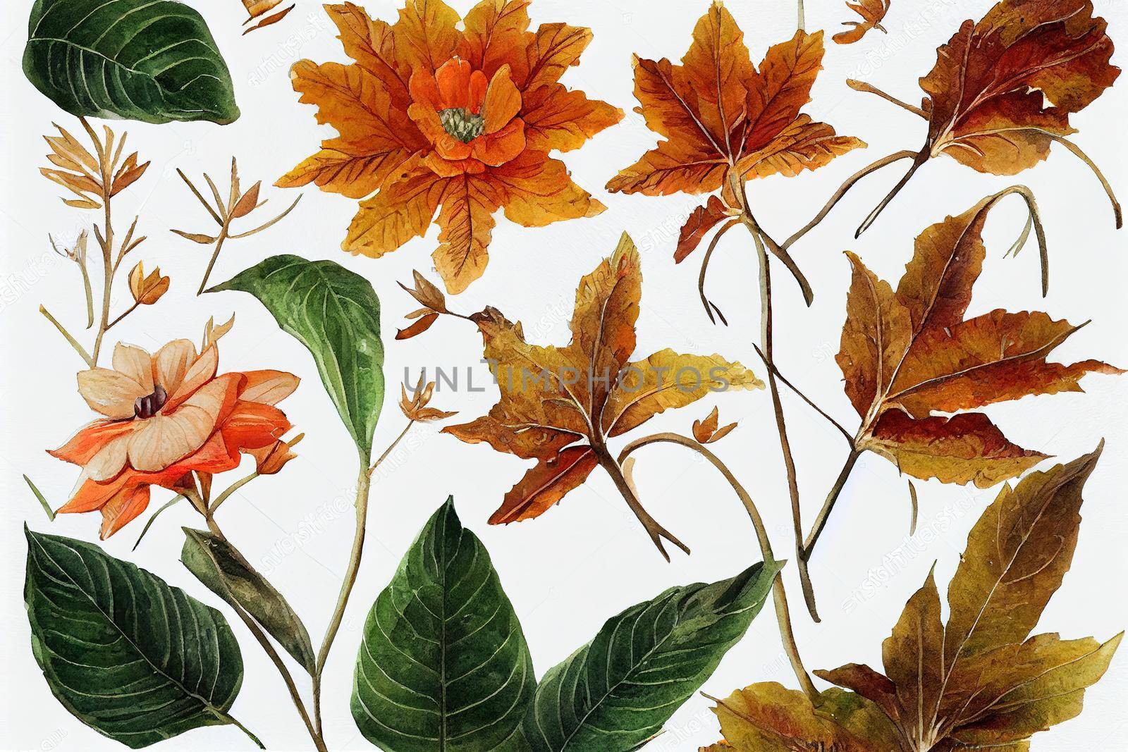 Botanical illustration hand drawn by watercolor Isolated on white background Autumn, Thanksgiving, Halloween composition for decorating greeting cards, invitation Pumpkins, flowers, dried plants , ani