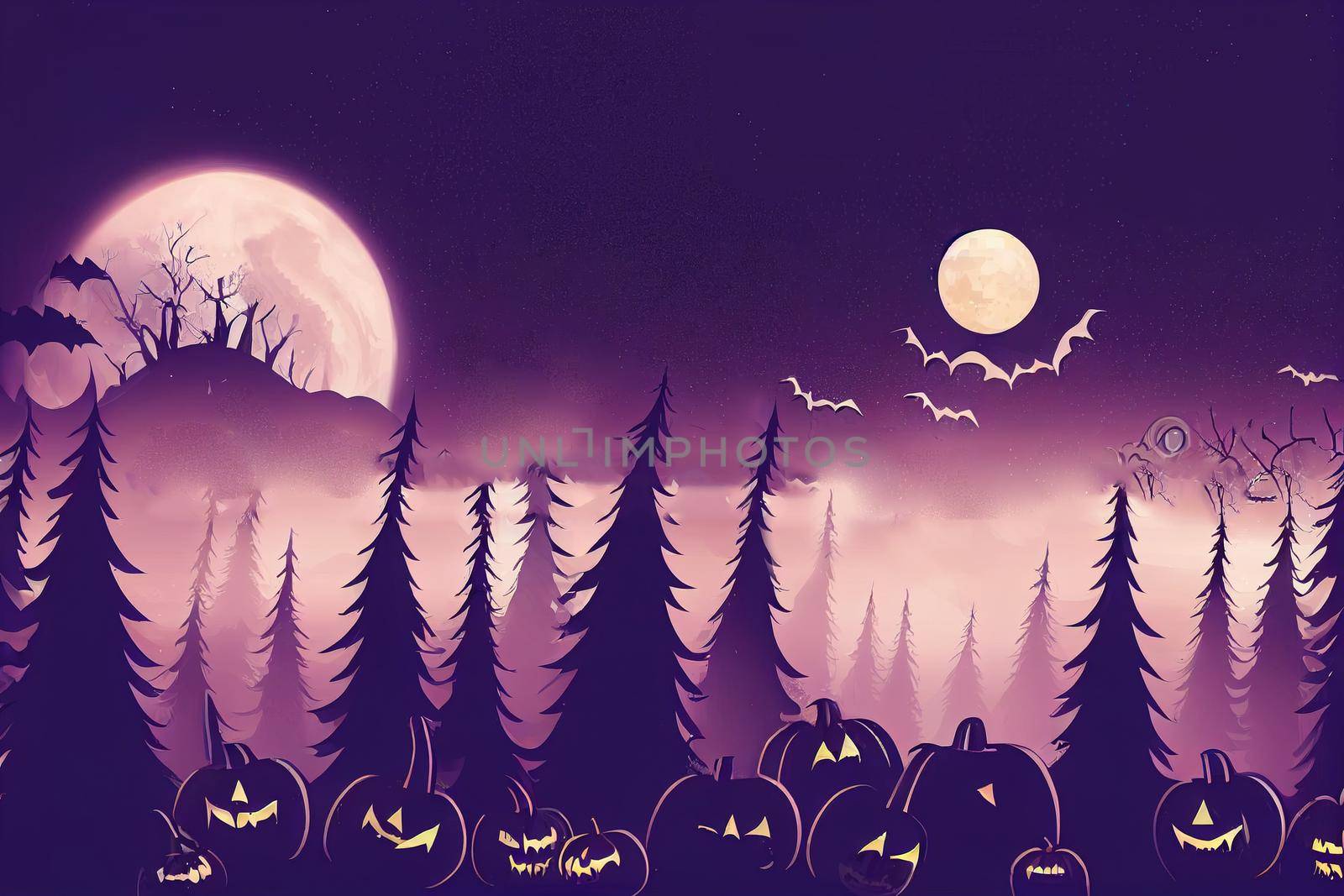 Realistic halloween background with creepy landscape of night sky fantasy forest in moonlight Raster illustration