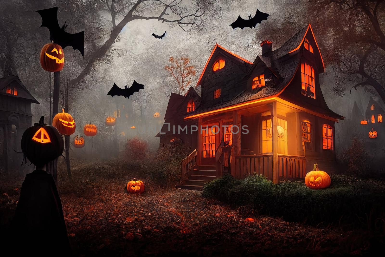 Black and orange house with Halloween theme, 3d render by Farcas