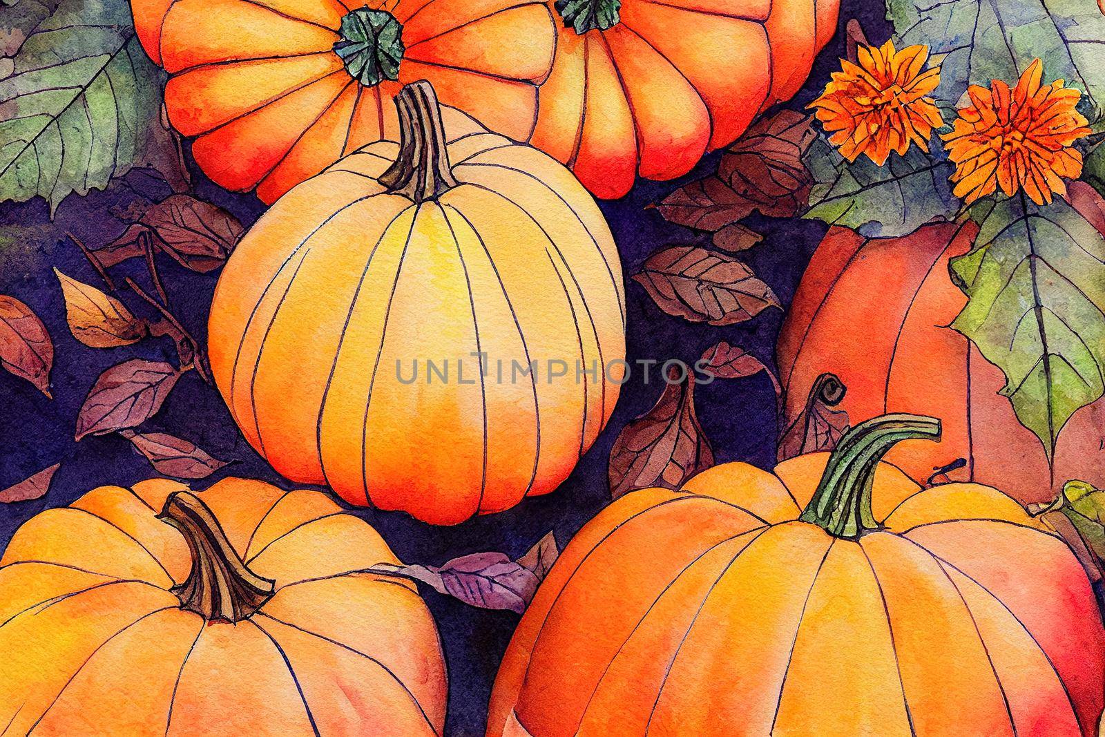 Pumpkins, autumn leaves and flowers Watercolor harvest festival card , anime style