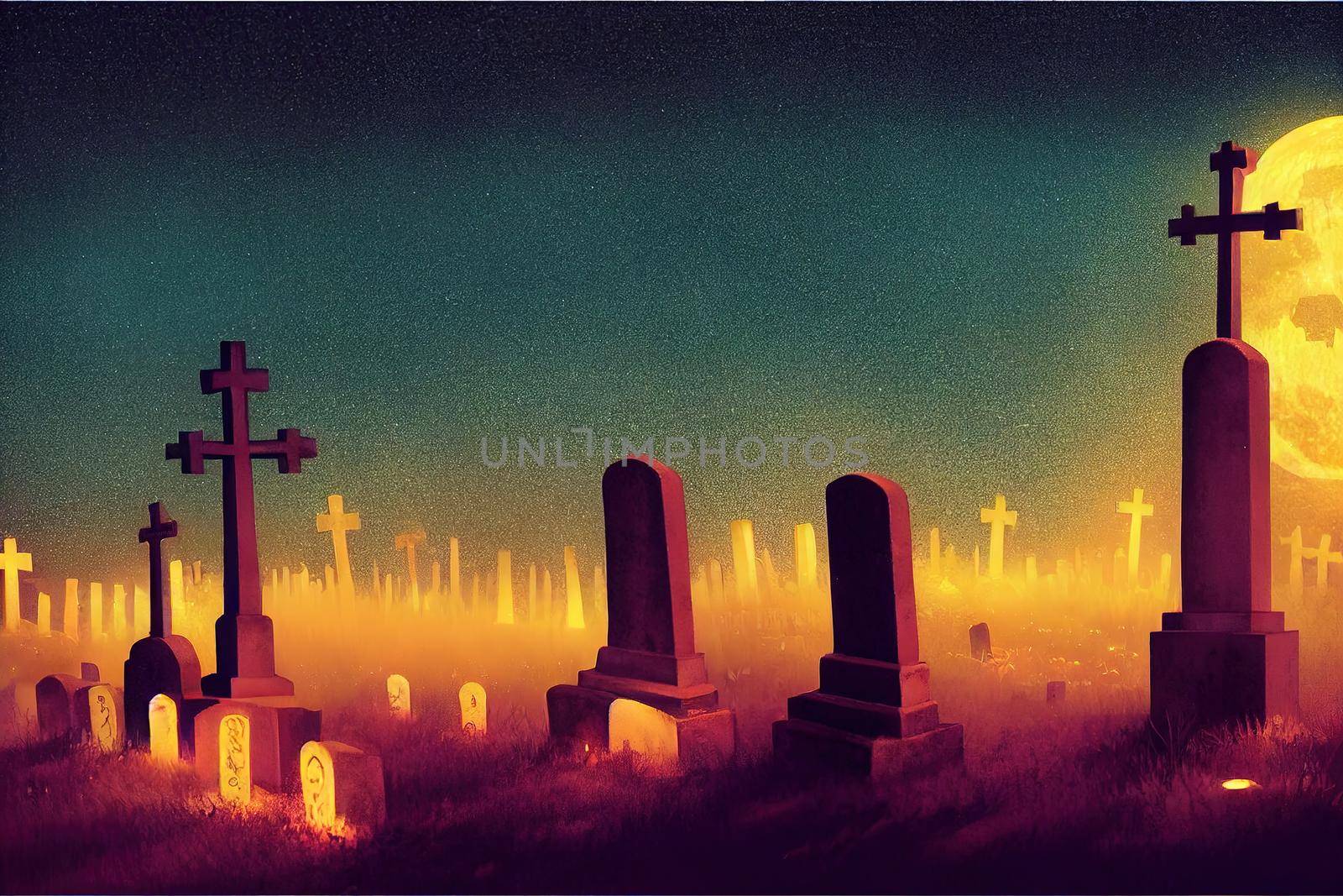 Scary and mystical cemetery at night with tombstones, graves and crosses on a moonlight night. Halloween, magic and mysticism.