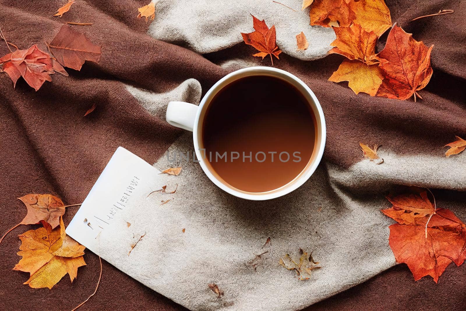 Atmospheric autumn composition Fall background with mug of coffee, deep brown cashmere scarf and leaves on pastel colors Sunday relaxing, memories and still life concept Flat lay , anime style