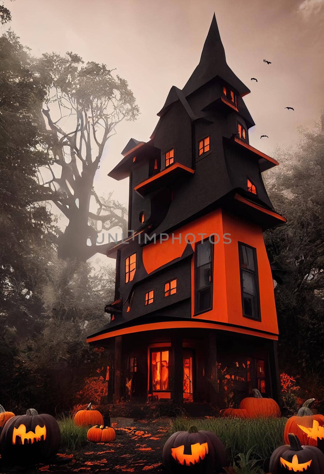 Black and orange house with Halloween theme, 3d illustration