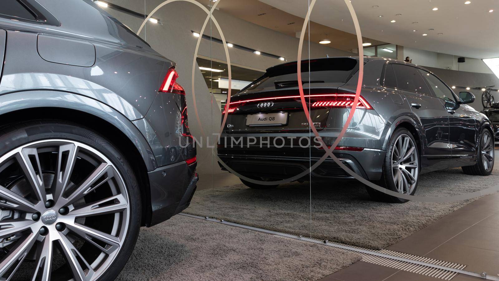 Audi car center new model q8, reflection view.