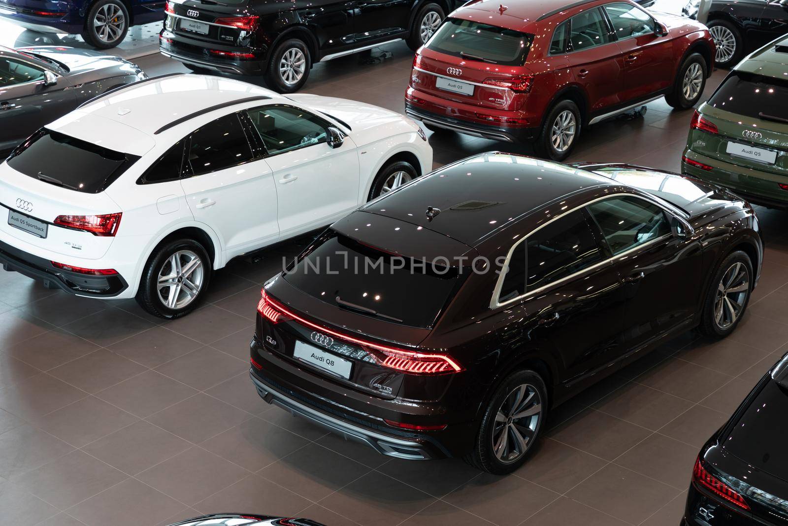 Audi dealership, cars suvs, top view.