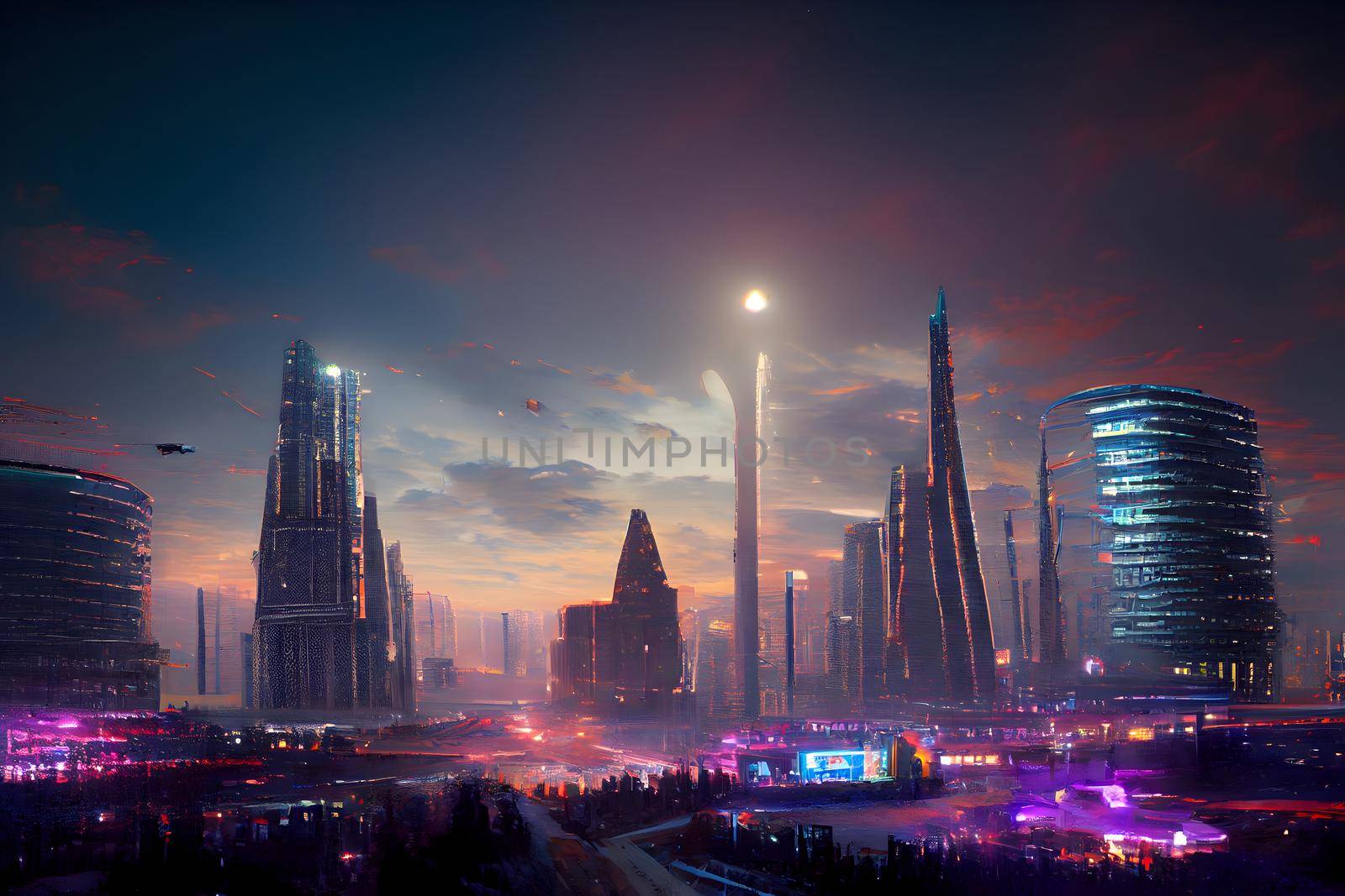 abstract futuristic night utopian cityscape, neural network generated art. Digitally generated image. Not based on any actual scene or pattern.