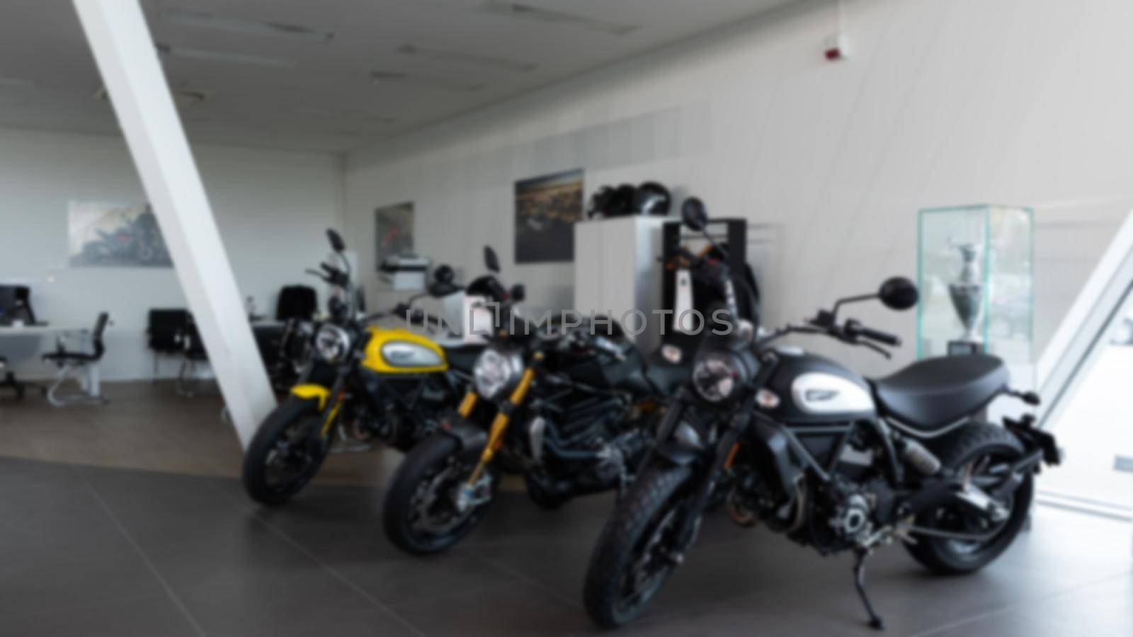 dealership of premium class motorcycles, photo with blur.