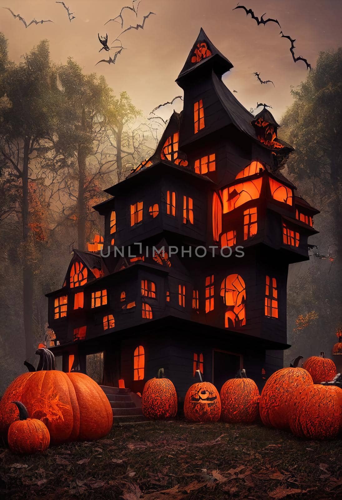 Black and orange house with Halloween theme, 3d illustration