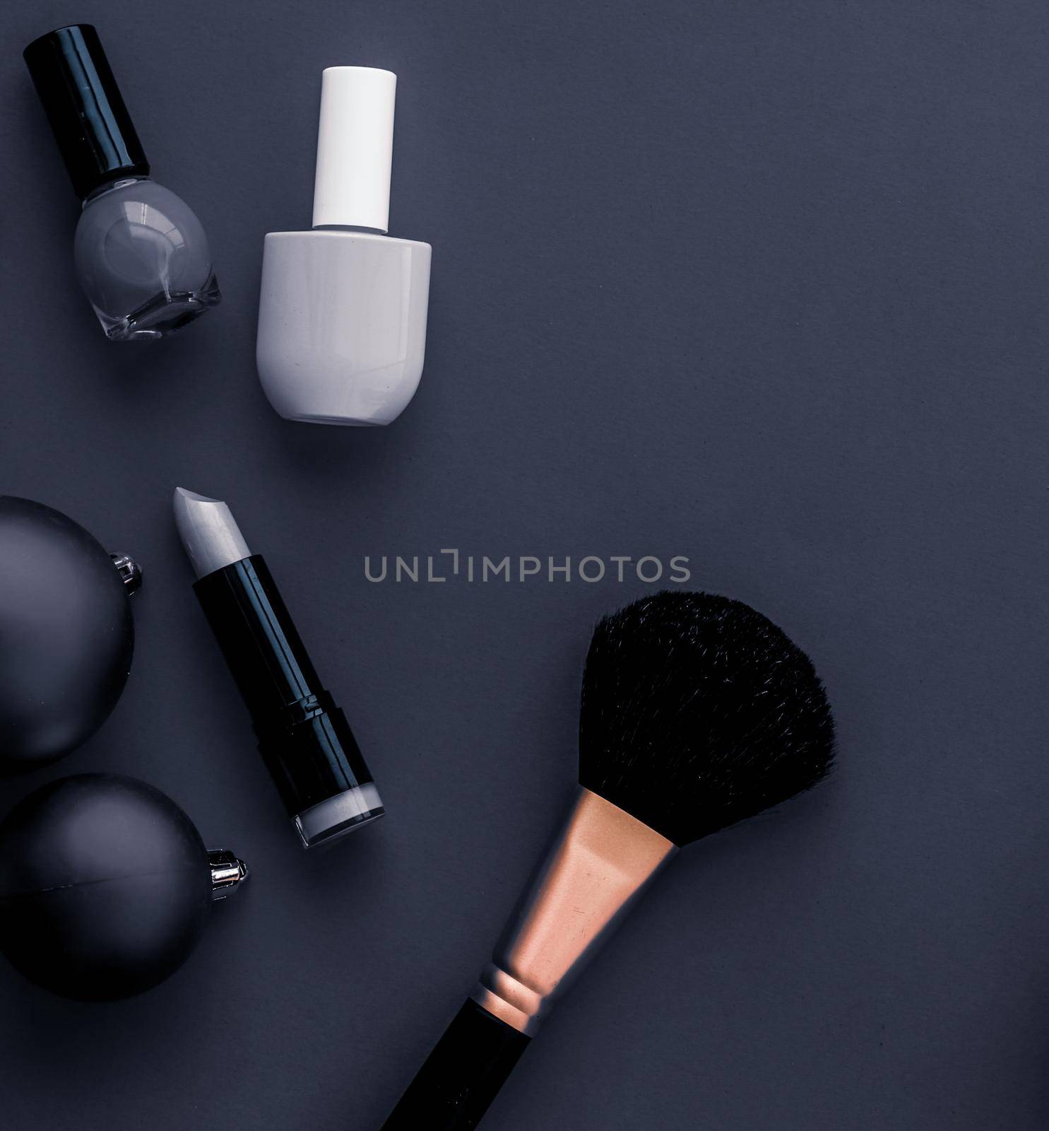 Cosmetic branding, fashion blog cover and girly glamour concept - Make-up and cosmetics product set for beauty brand Christmas sale promotion, luxury black flatlay background as holiday design