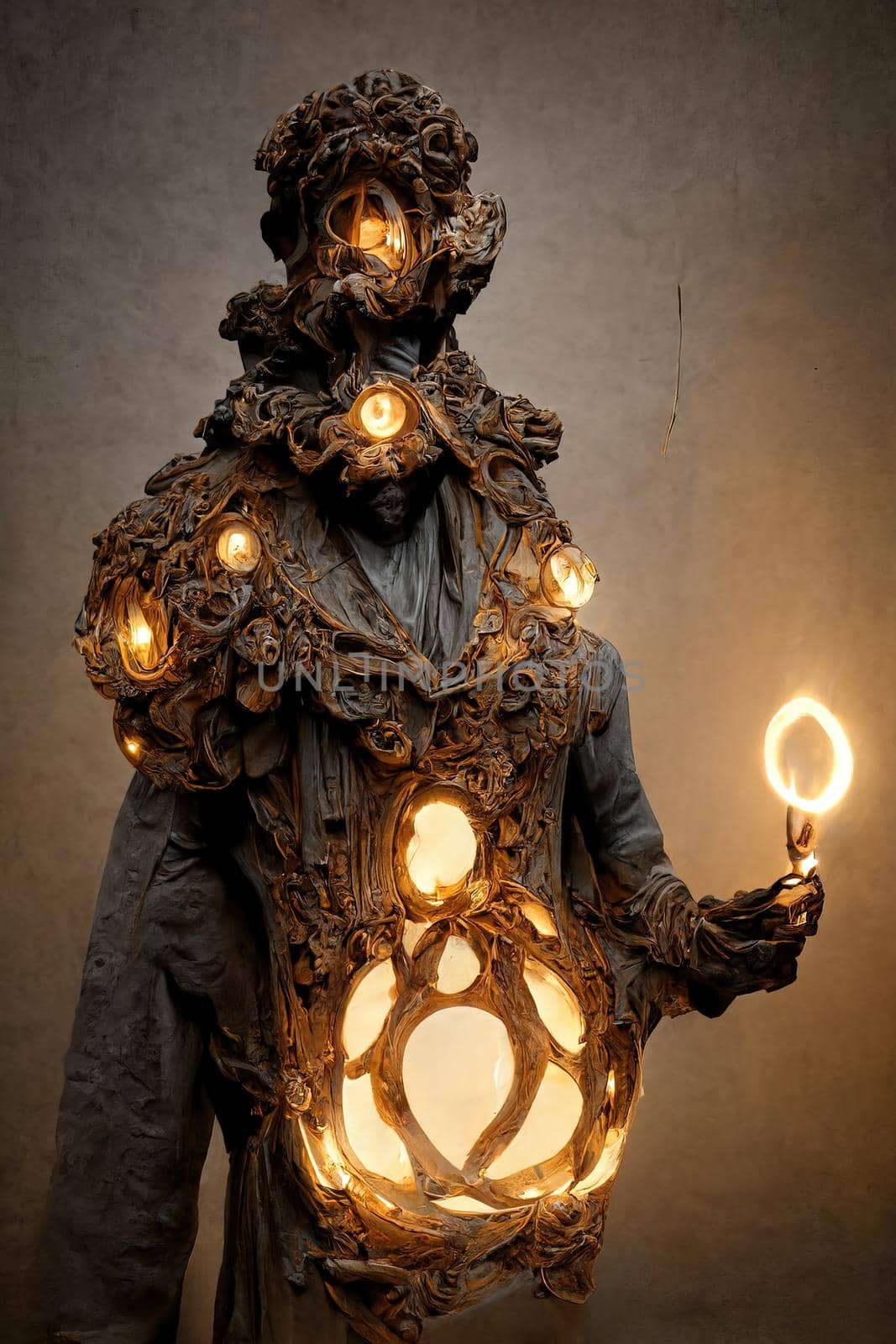 Abstract baroque sculpture of man of light,3d illustration