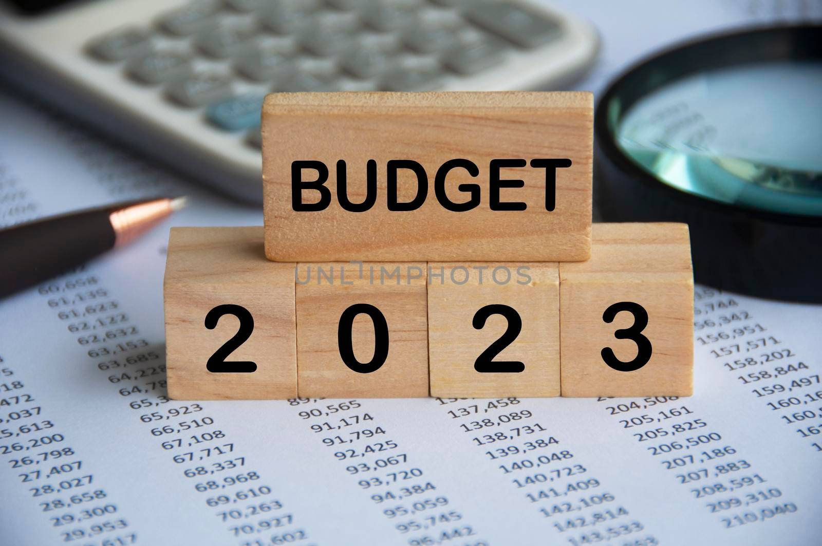 Budget 2023 text on wooden blocks with data analysis and office concept background. Budgeting concept.