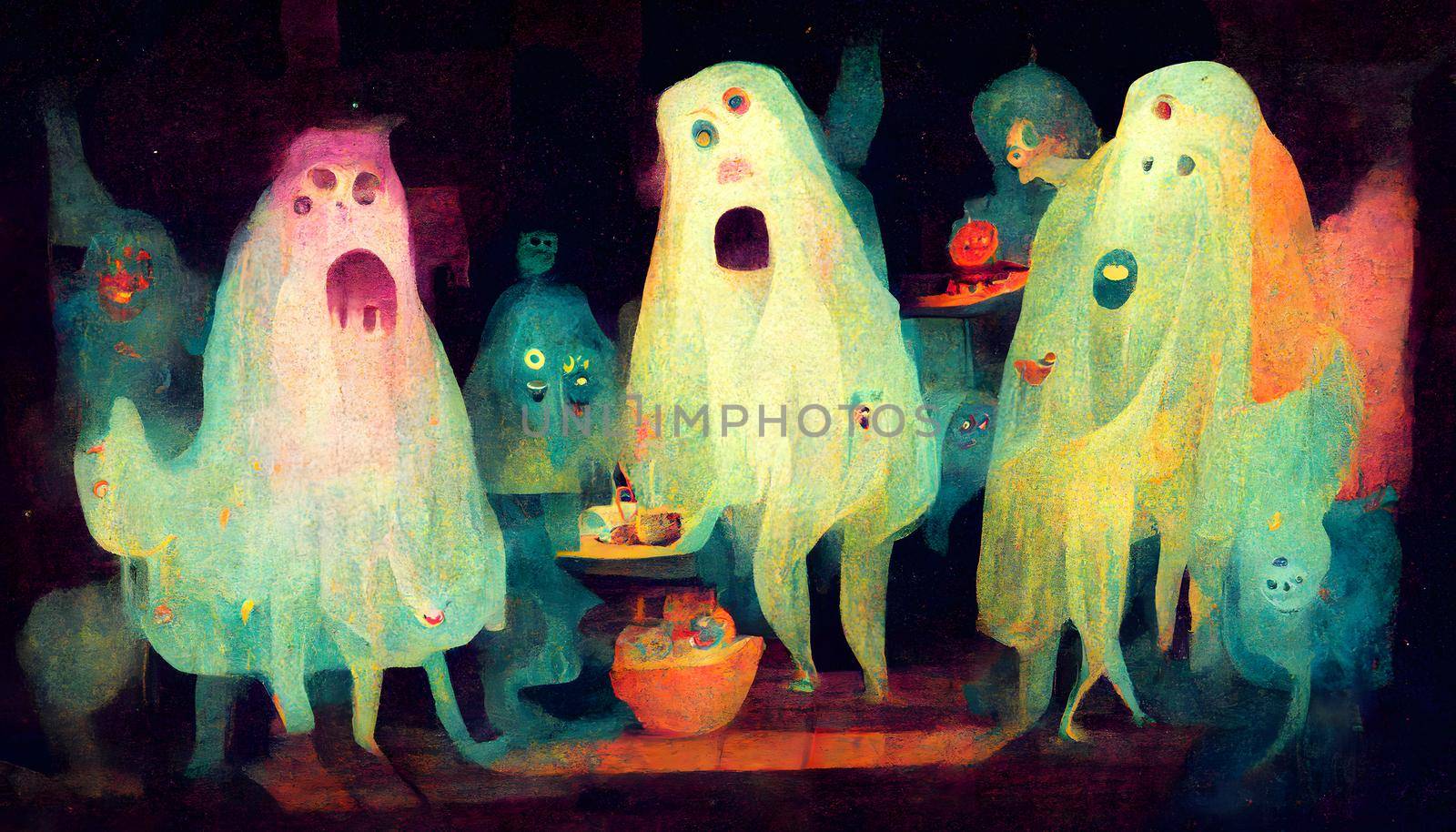 weird skittish ghosts at house party - halloween background, neural network generated art. Digitally generated image. Not based on any actual scene or pattern.