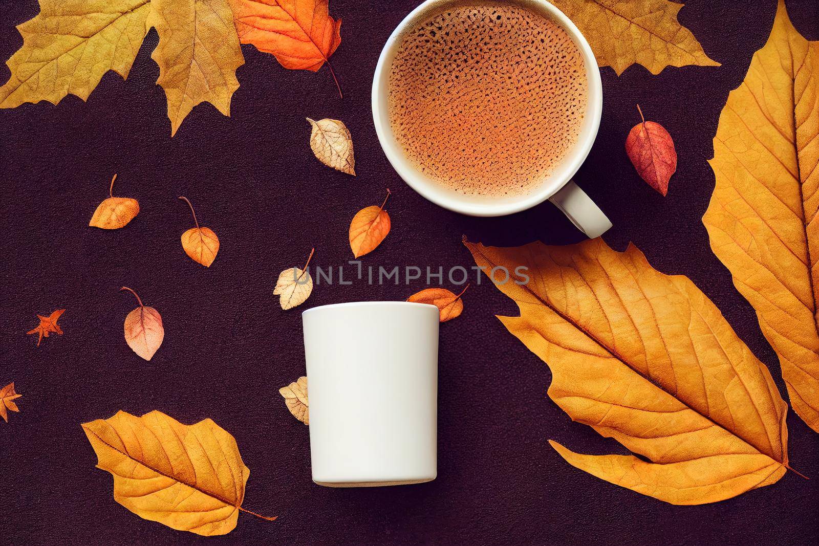 Autumn composition coffee, suede bag, cozy clothes, autumn leaves isolated on white background, flat lay, top view, Seasonal autumn concept , anime style