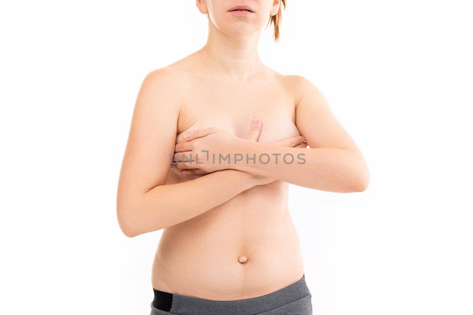 middle-aged woman before a mammologist's appointment.