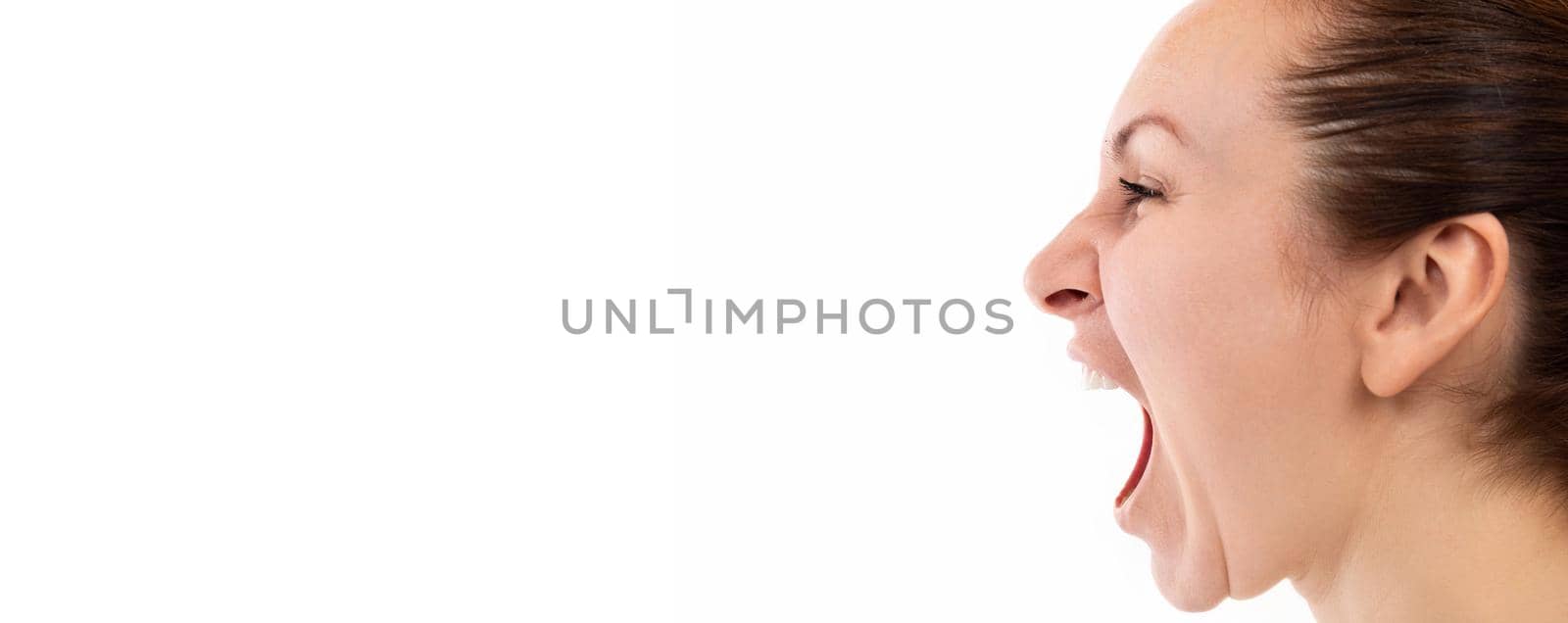 a woman emotionally screams with her mouth wide open, profile picture on a white background by TRMK