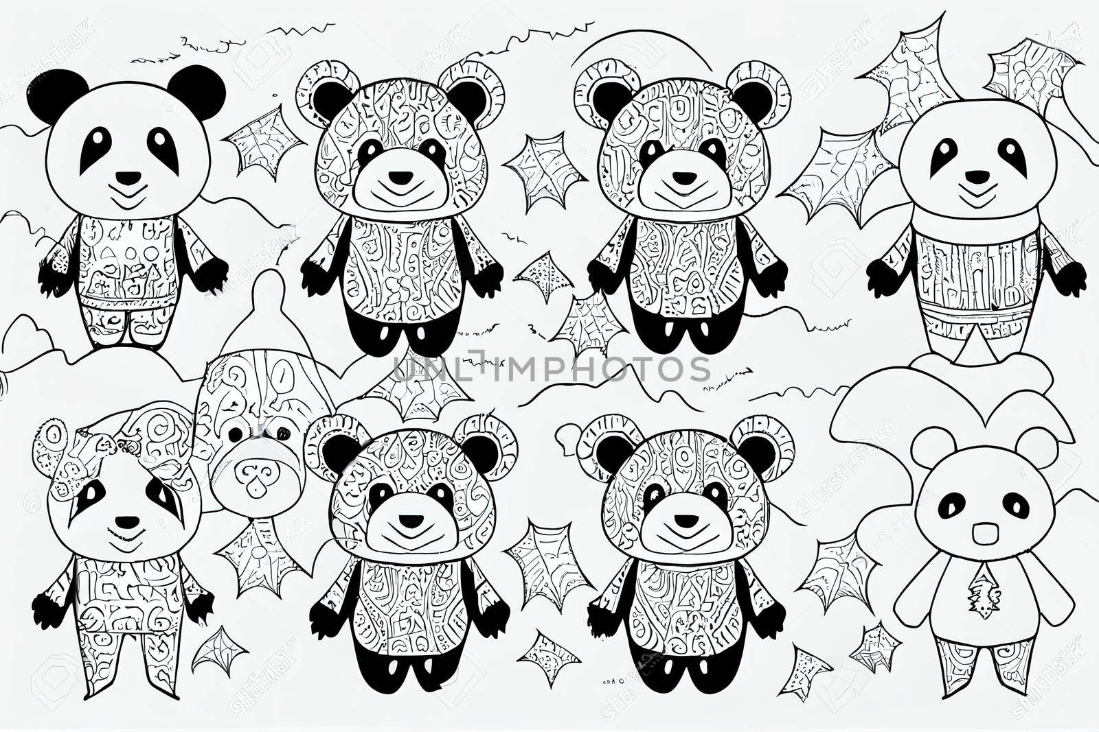 Halloween Coloring Pages Pack. Set of Outline Halloween Panda for Coloring Page. Cute Doodle Halloween Panda Bear. Set of Five Outline Animals Raster, for Halloween Coloring Book.