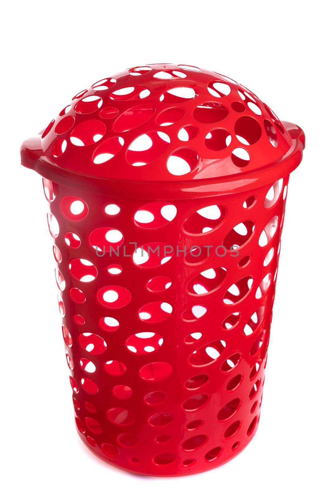 red plastic laundry tub on white background