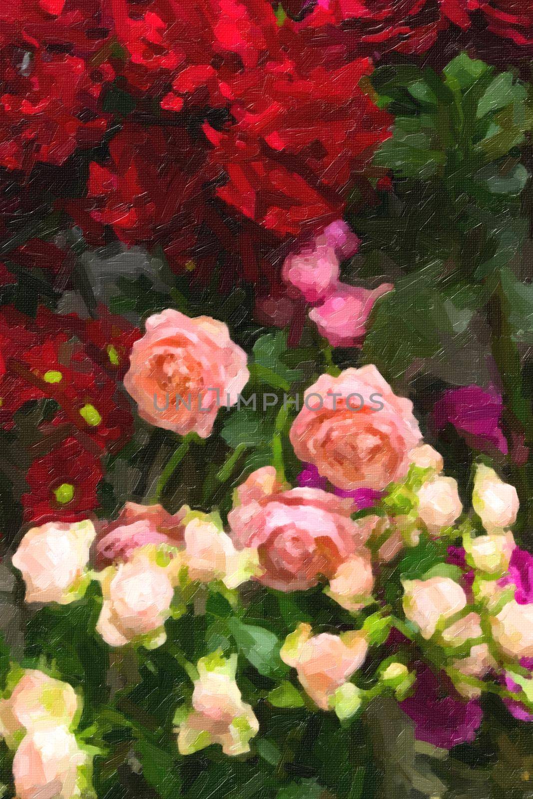 roses of red and pink and yellow shades, stylized as oil paint by TRMK