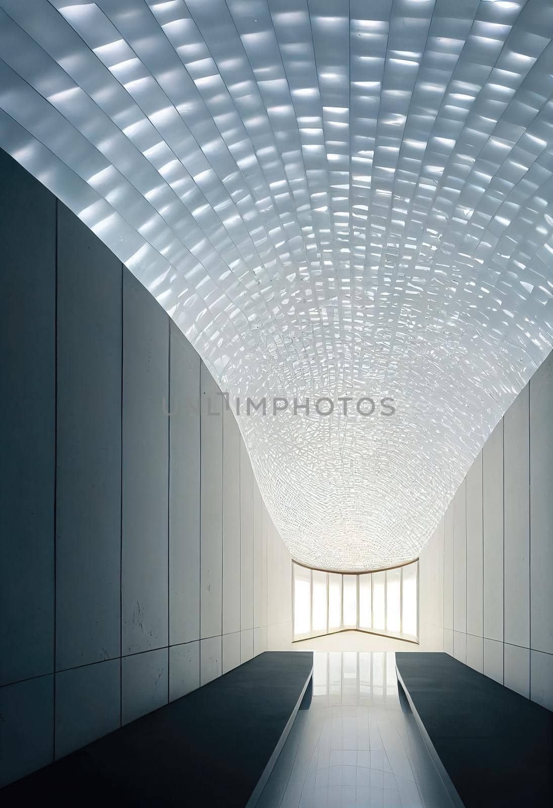 Interior shot of a modern contemporary futuristic chapel, 3d render by Farcas