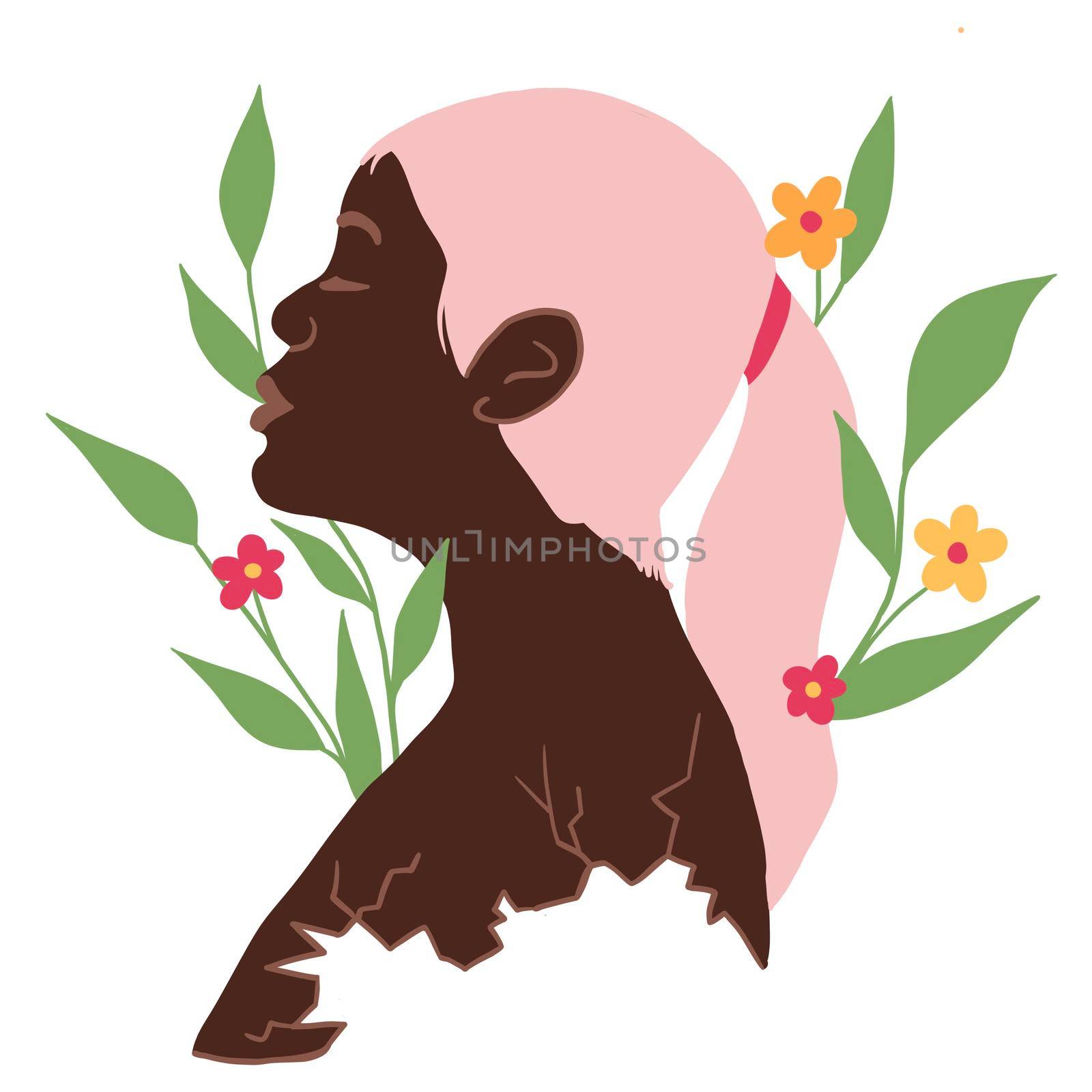 Hand drawn illustration of black African American woman, broken depression concept. Healing growing with flowers, mental health wellbeing self help, healing energy concept, psychology mind