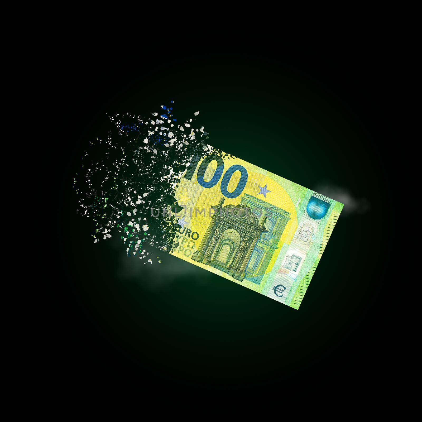 100 euro bills scattered in the air. money inflation concept. the disappearance of banknotes by PhotoTime