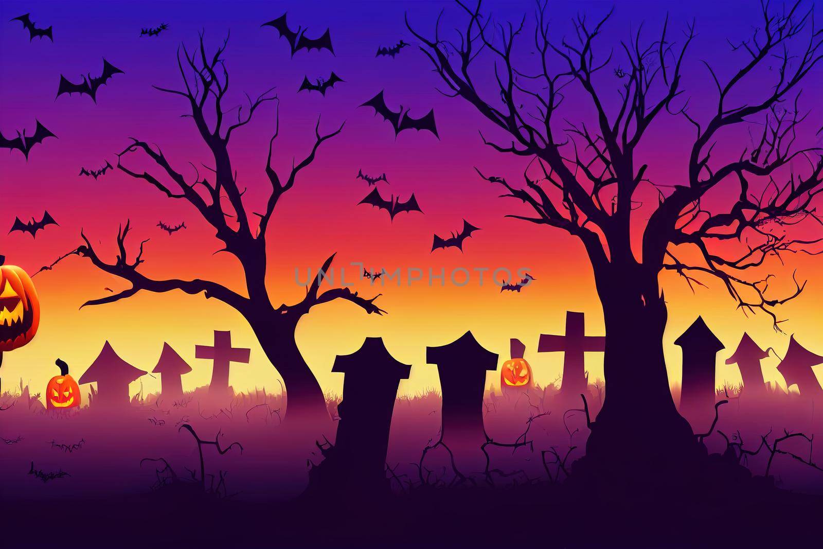 Halloween nightmare landscape. Cartoon spooky halloween cemetery landscape Raster background illustration. Creepy halloween graveyard view silhouette. Halloween nightmare landscape silhouette