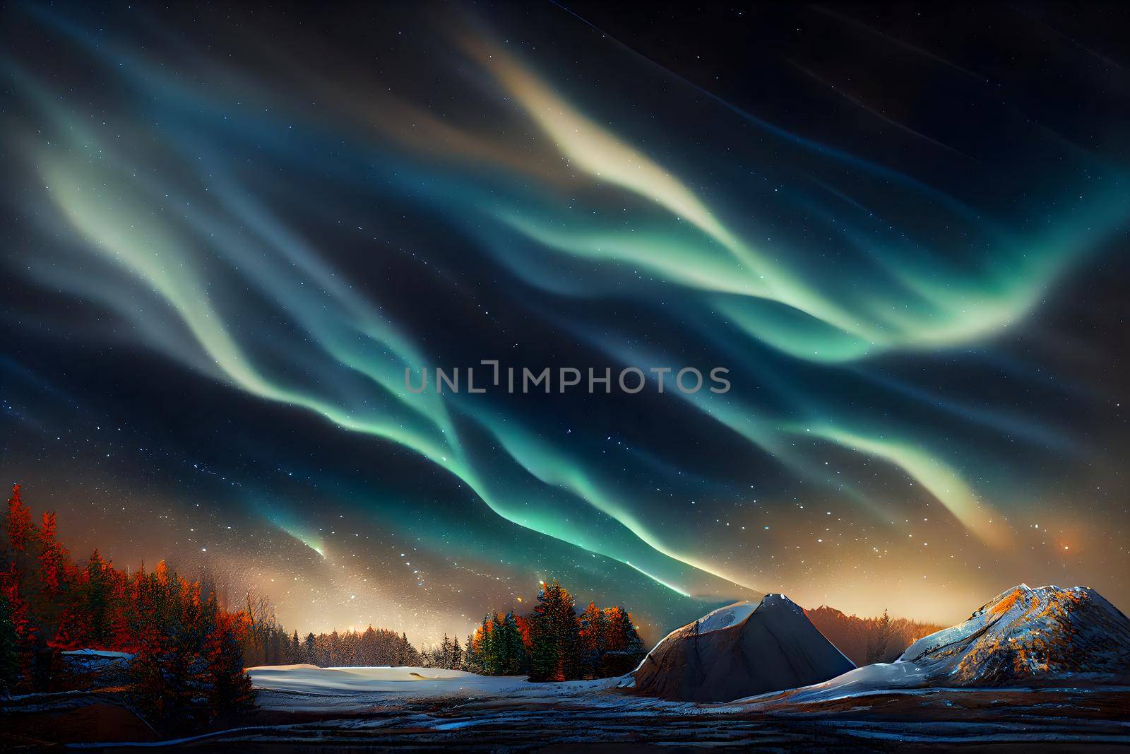 night terrestrial landscape with aurora northem lights in the sky, neural network generated art. Digitally generated image. Not based on any actual scene or pattern.